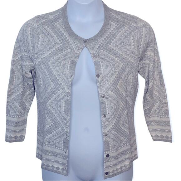 Bass Medallion Print Grey & White Cardigan Button Front Sweater Medium - Picture 2 of 12